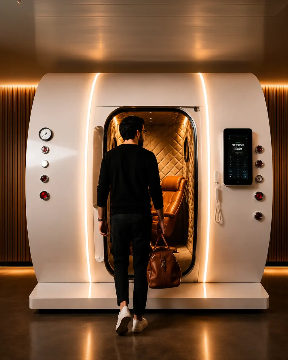 A man carrying a leather bag steps into a lit recovery pod with a leather recliner inside, in a wood-panelled SOMA studio